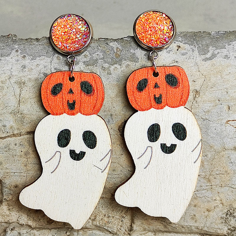 Halloween Ghost Shape Wooden Dangle Earrings