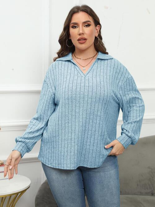 Plus Size Ribbed Collared Neck Long Sleeve Blouse