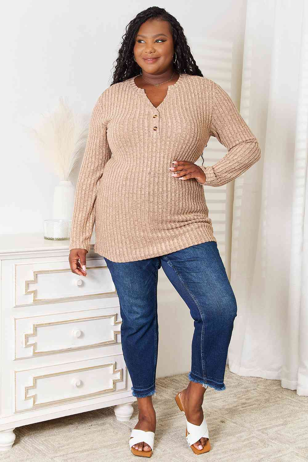 Double Take Notched Neck Ribbed Long Sleeve T-Shirt *