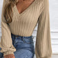 Tan Cable-Knit V-Neck Long Sleeve Knit Top