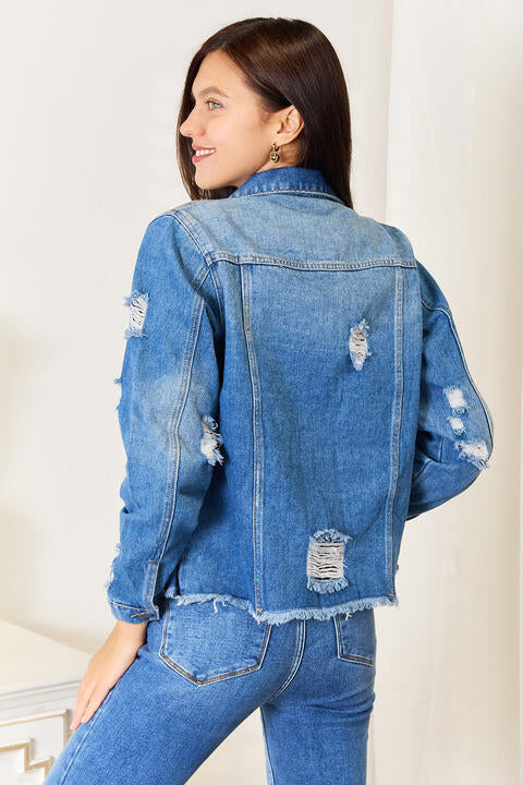 Baeful Leopard Floral Distressed Raw Hem Denim Jacket *