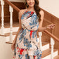 Full Size Printed Grecian Neck Smocked Mini Dress