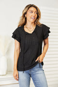 Double Take Black Full Size Eyelet Tie-Neck Flutter Sleeve Blouse *