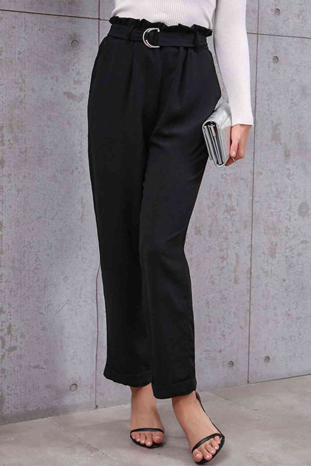 Sofia Beauty Black Belted Paperbag Waist Pants