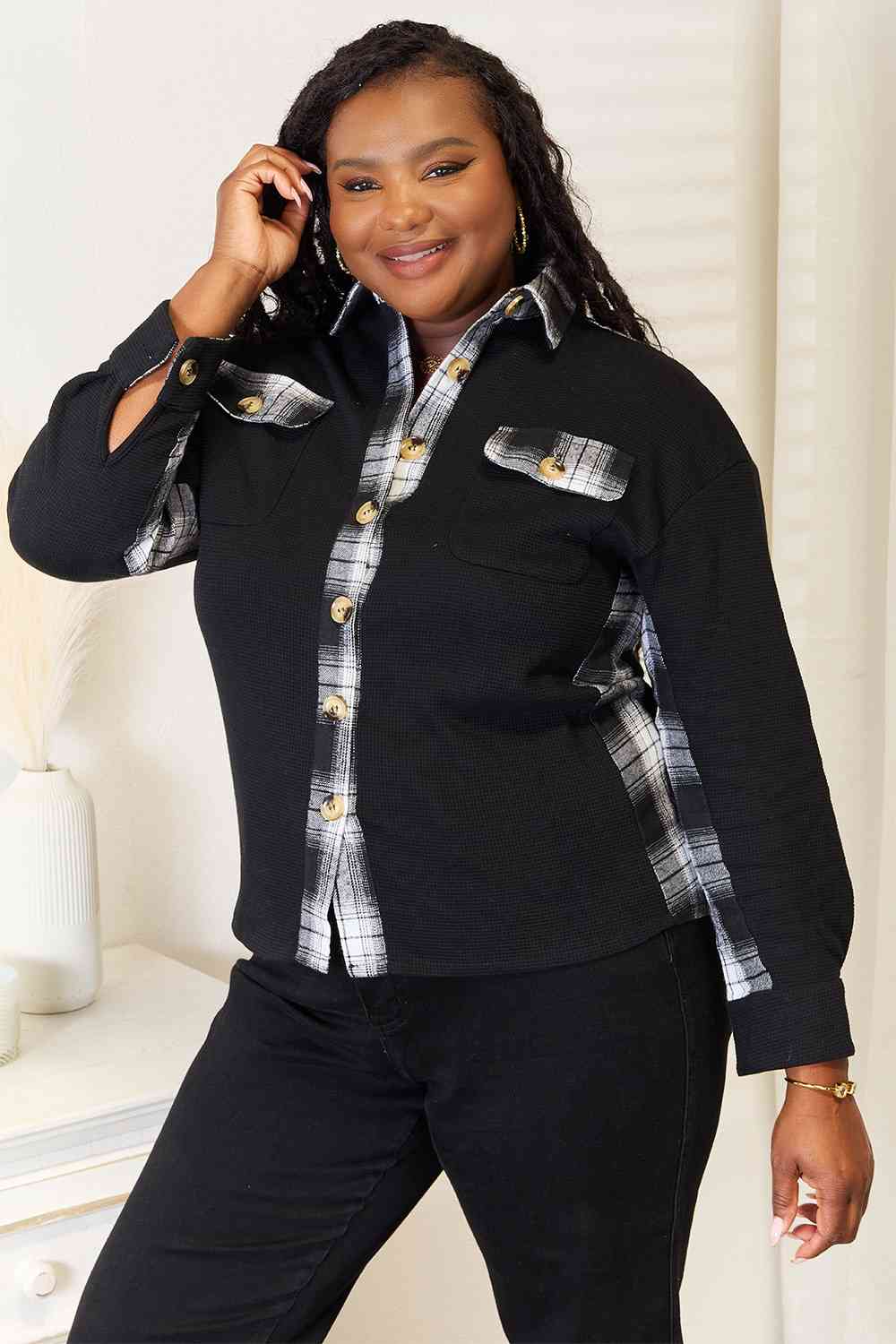 Double Take Plaid Collared Dropped Shoulder Jacket *