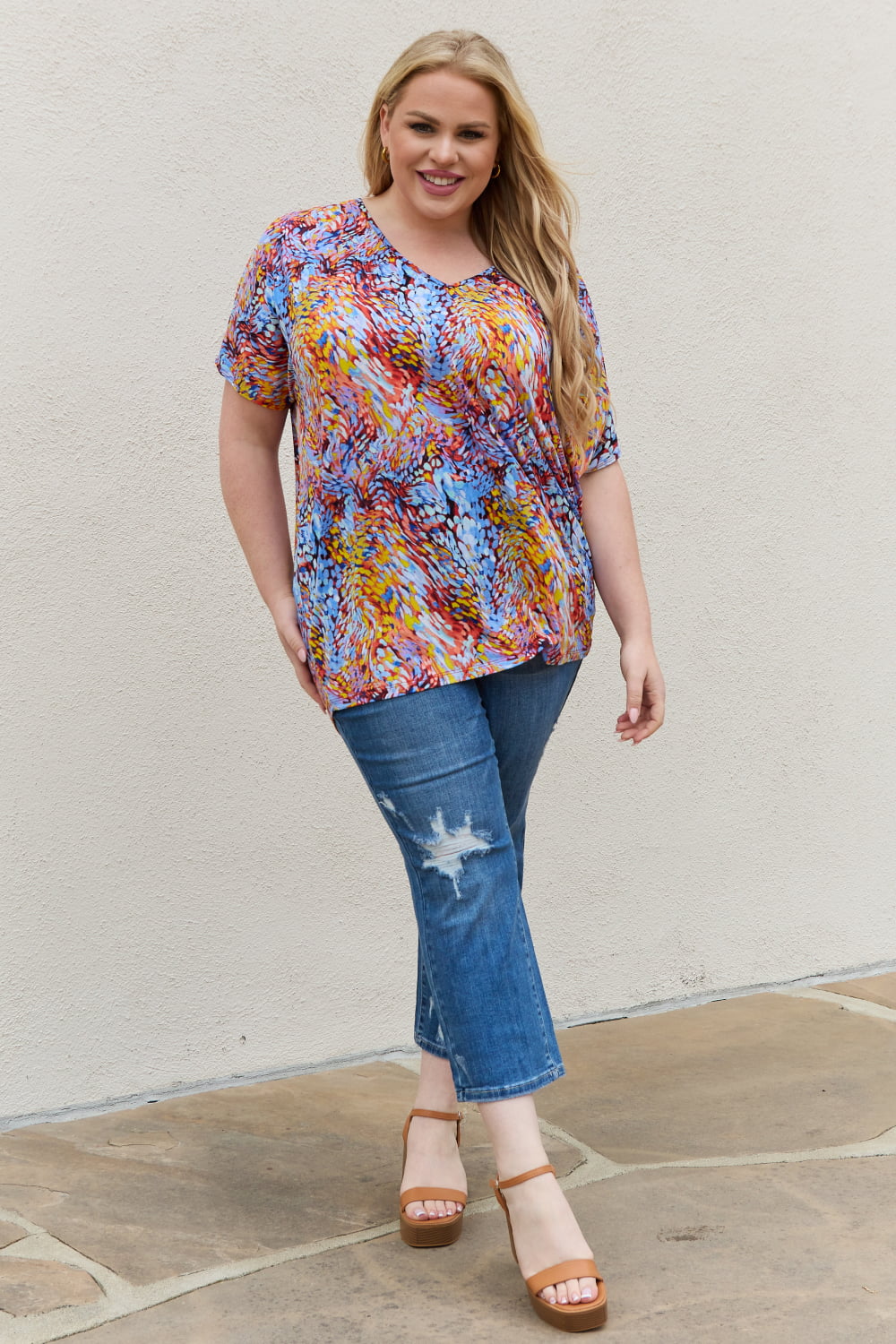 Be Stage Full Size Printed Dolman Flowy Top *