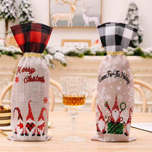 2-Piece Gnome Themed Christmas Plaid Wine Bottle Covers