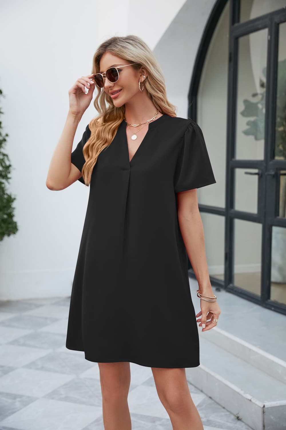 Full Size Notched Puff Sleeve Shift Dress