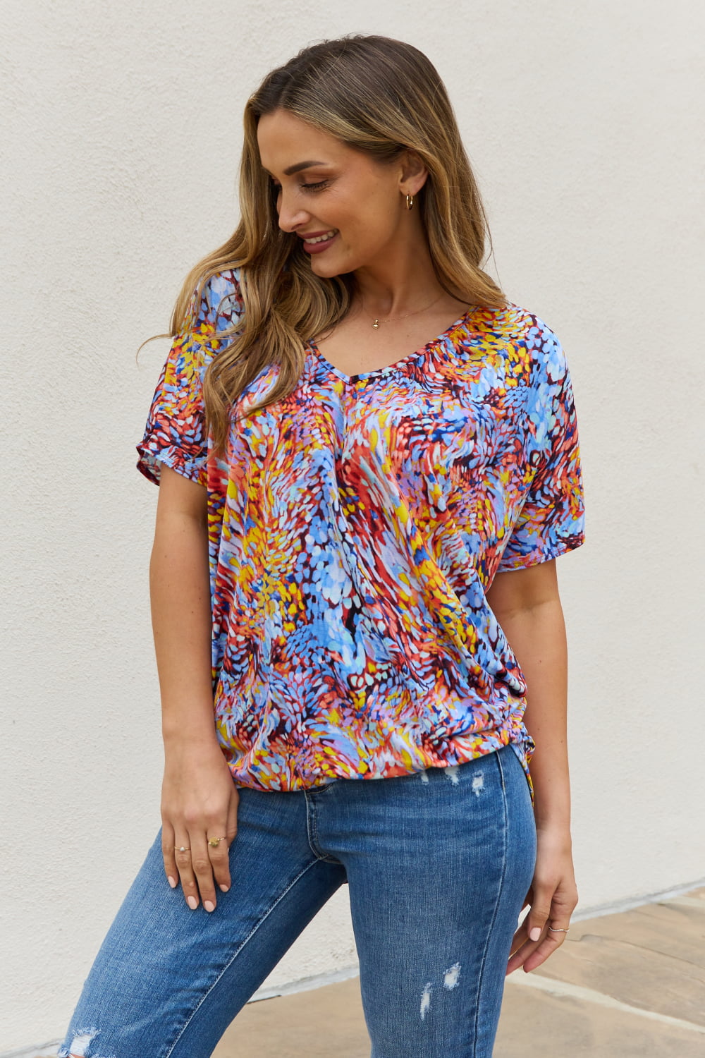 Be Stage Full Size Printed Dolman Flowy Top *