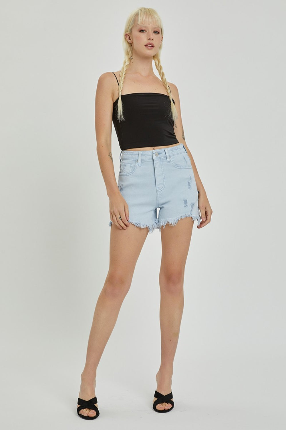 RISEN Full Size High Rise Distressed Detail Denim Shorts *
