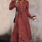 Wine Red Printed Tiered V-Neck Buttoned Midi Dress