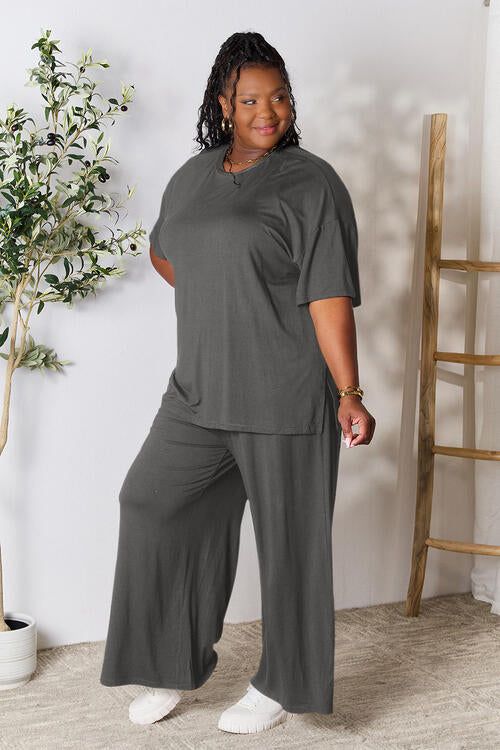 Double Take Full Size Round Neck Slit Top and Pants Set *