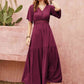 Openwork V-Neck Flare Sleeve Ruched Dress