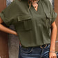 Pocketed Notched Short Sleeve Blouse