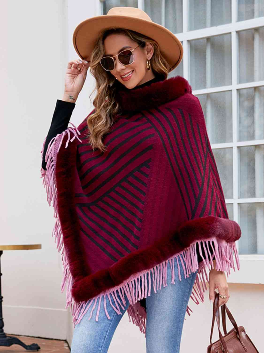 Contrasting Beauty One Size Striped Fringe Hem Poncho