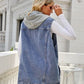 Drawstring Pocketed Button Up Sleeveless Denim Jacket