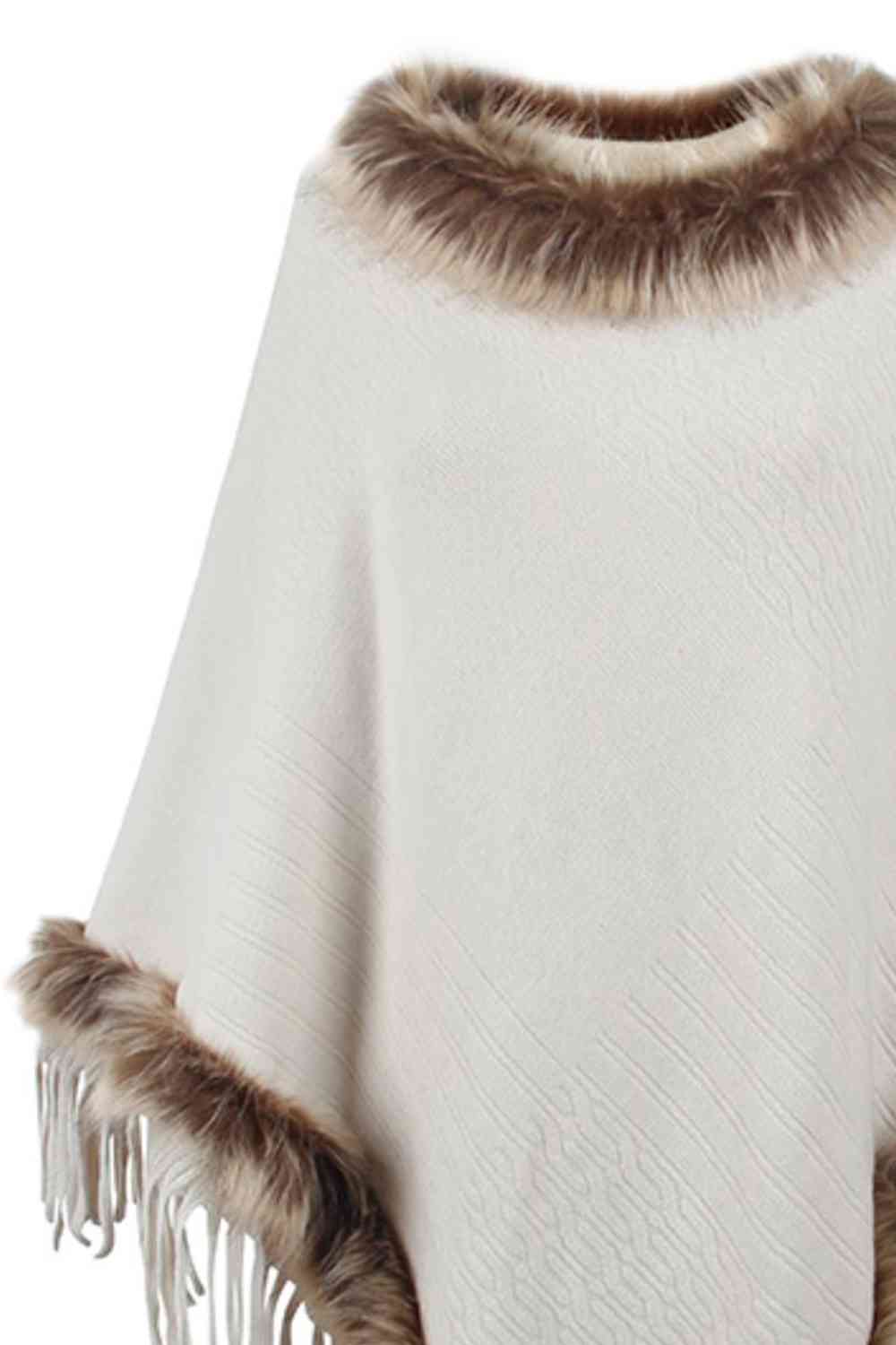 Country Rustic One Size Faux Fur Trim Fringed Poncho