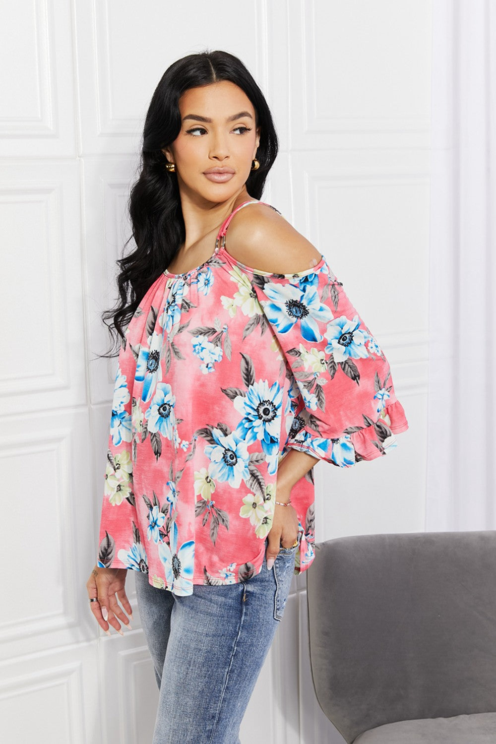 Women's Sew In Love Full Size Fresh Take Floral Short Sleeve Cold-Shoulder Top *
