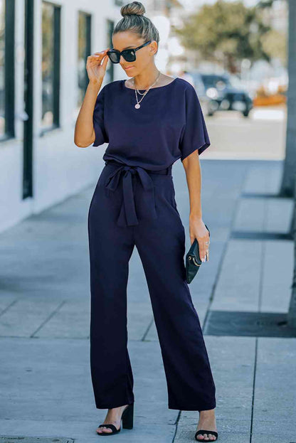 Full Size NatureJumpers Tie Waist Straight Leg Jumpsuit