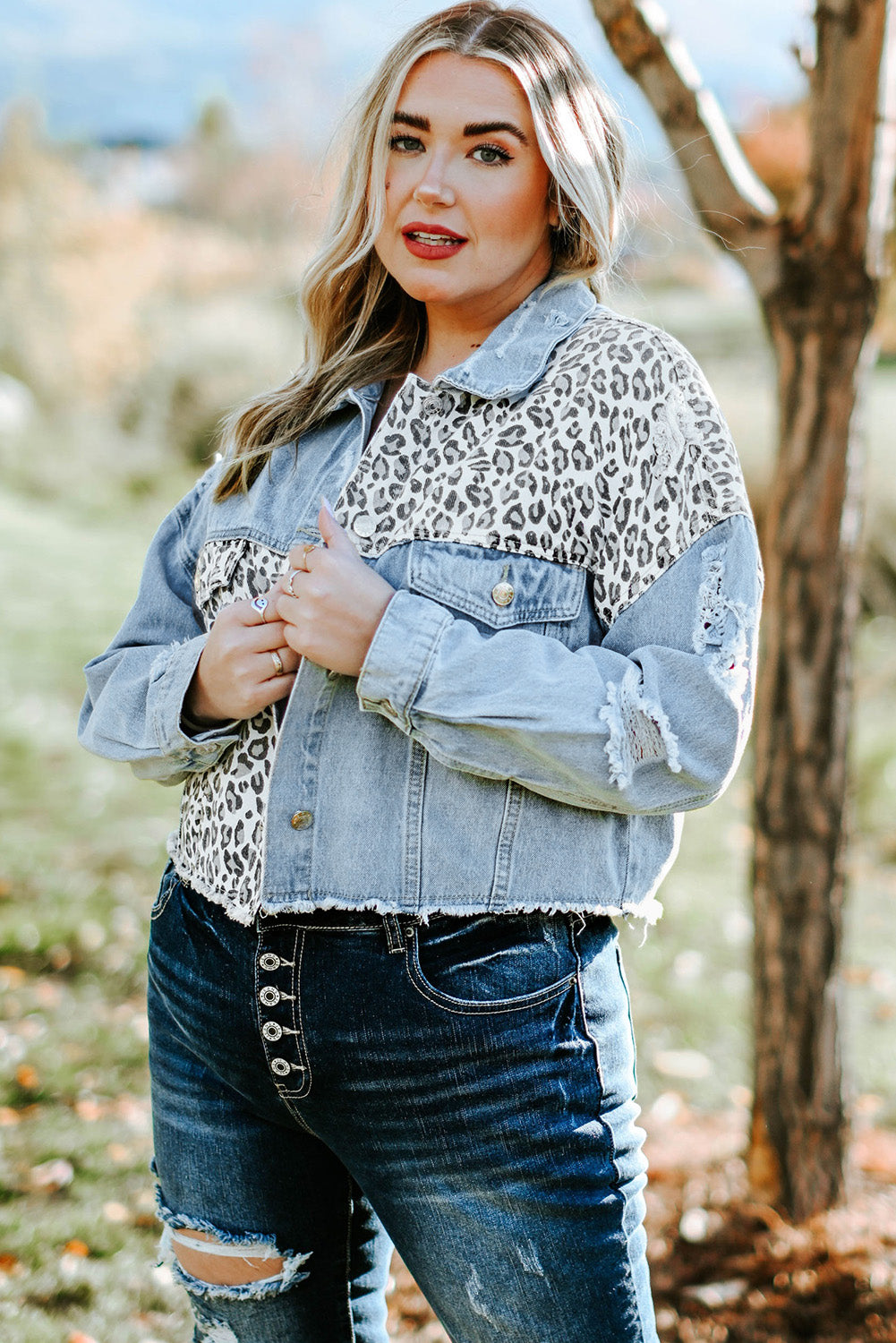 Women's Plus Size Leopard Raw Hem Distressed Spliced Denim Jacket