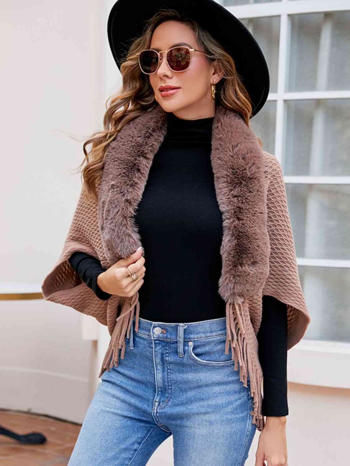 Woman Defined One Size Open Front Fringe Hem Poncho