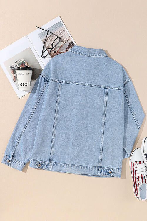 Hailey Apparel Medium Blue Pocketed Geometric Collared Neck Denim Jacket