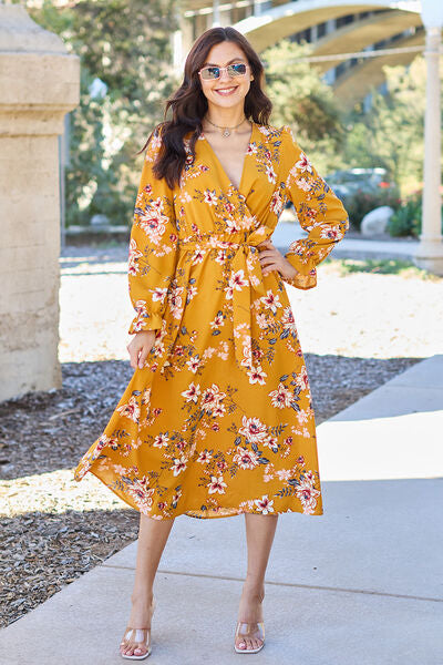 Double Take Full Size Floral Tie Back Flounce Sleeve Dress *