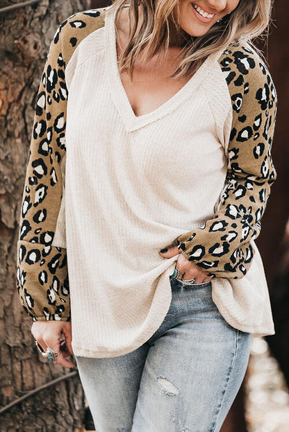 Plus Size Trylynn White Leopard V-Neck Raglan Sleeve Blouse