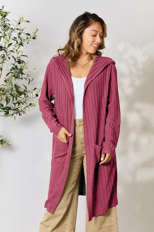Basic Bae Full Size Ribbed Open Front Long Sleeve Cardigan *