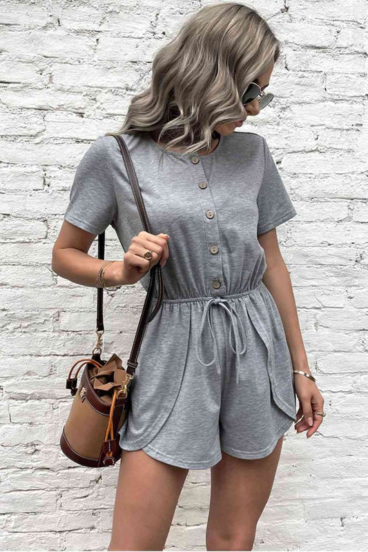 BodatiousJumpers Buttoned Drawstring Gray Round Neck Romper