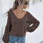 V-Neck Long Sleeve Dropped Shoulder Knit Top