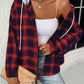 Plaid Drawstring Button Up Hooded Jacket