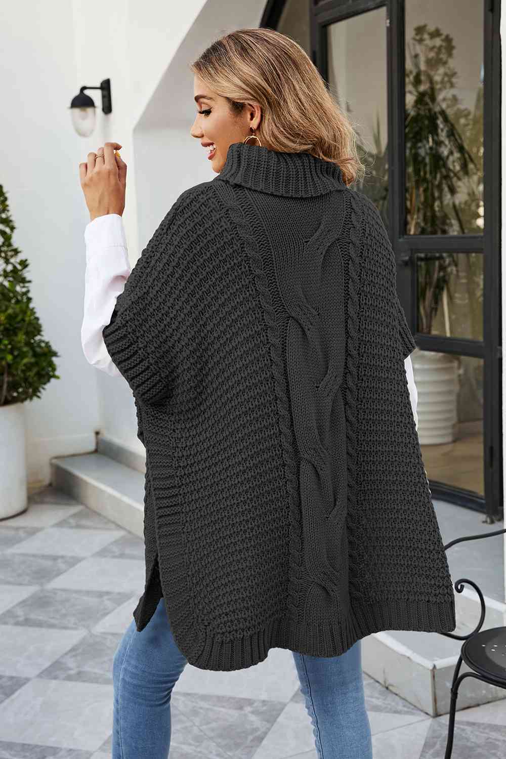 KnittedEmporium Cable-Knit Turtleneck Slit Sweater