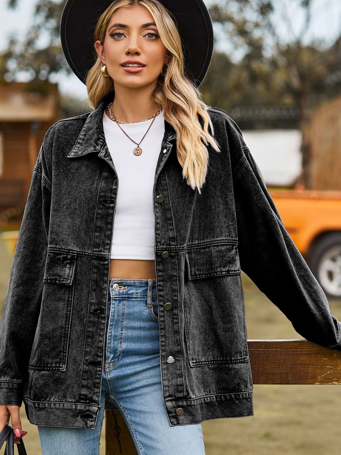 Outer Adventure Full Size Dropped Shoulder Denim Jacket with Pockets