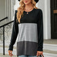 Full Size Color Block Round Neck Long Sleeve Slit T-Shirt