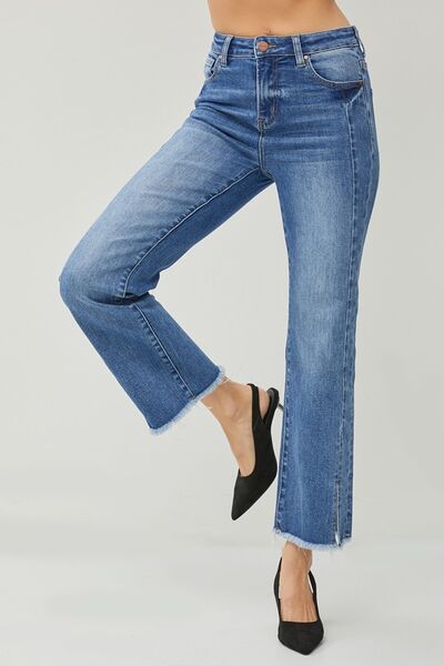 RISEN High Waist Raw Hem Slit Straight Jeans *