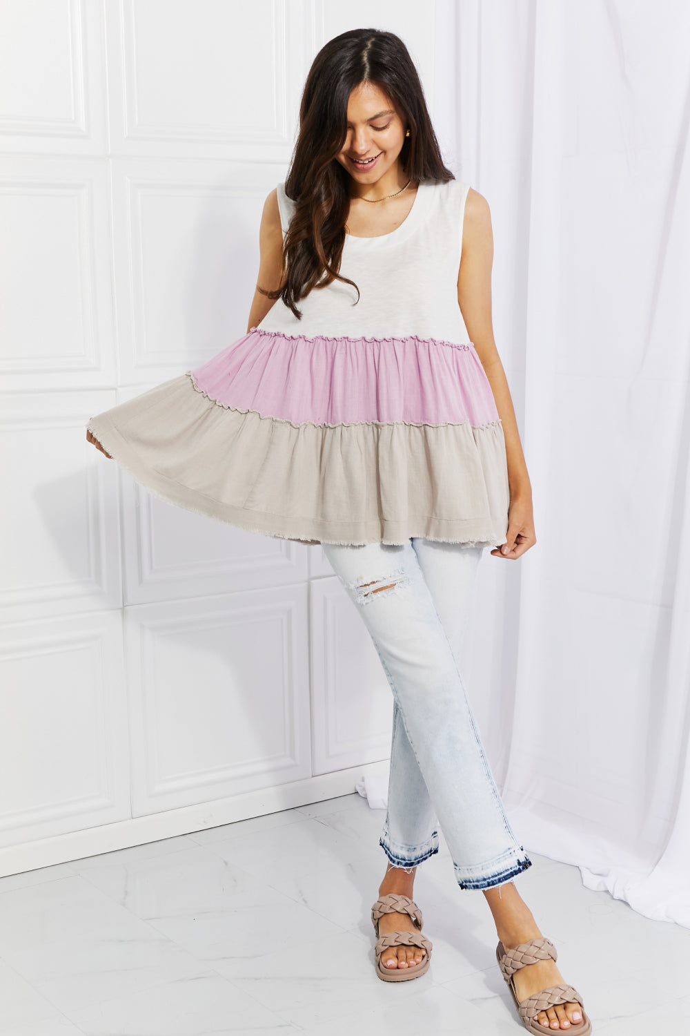 White Birch Full Size Watching the Sunset Color Block Baby doll Tank Top *