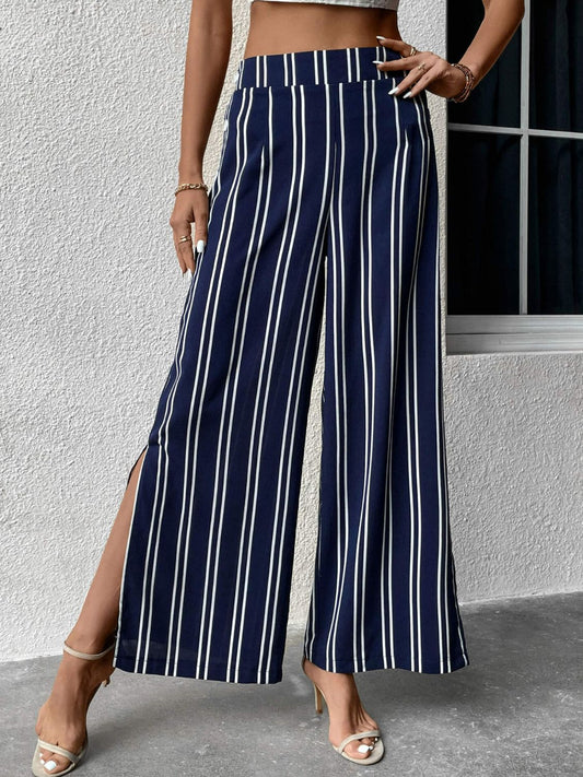 Women's Striped Slit Wide Leg Pants