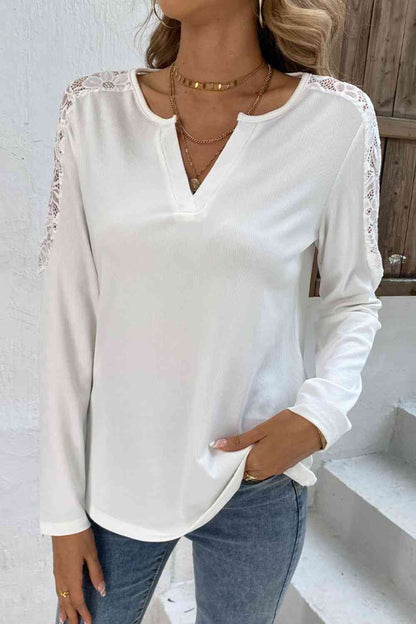 White Spliced Lace Notched Neck Top