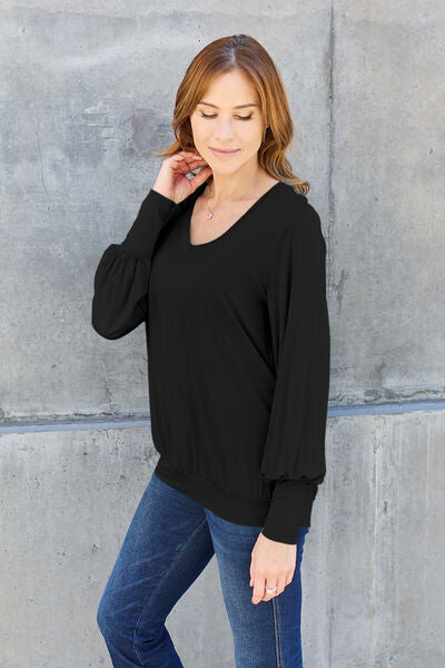 Basic Bae Full Size V-Neck Lantern Sleeve Blouse *