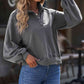 Full Size Quarter-Snap Collared Lantern Sleeve Sweatshirt