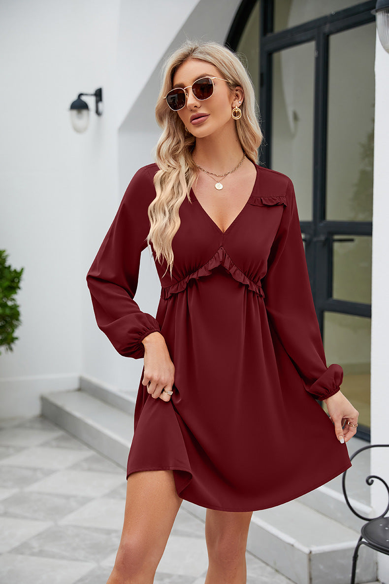 SO YOU Full Size Frill Trim V-Neck Long Sleeve Dress