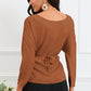 Full Size Boat Neck Back Tie Long Sleeve Satin Blouse