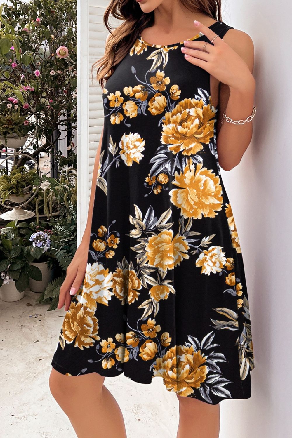 Full Size Printed Round Neck Sleeveless Dress