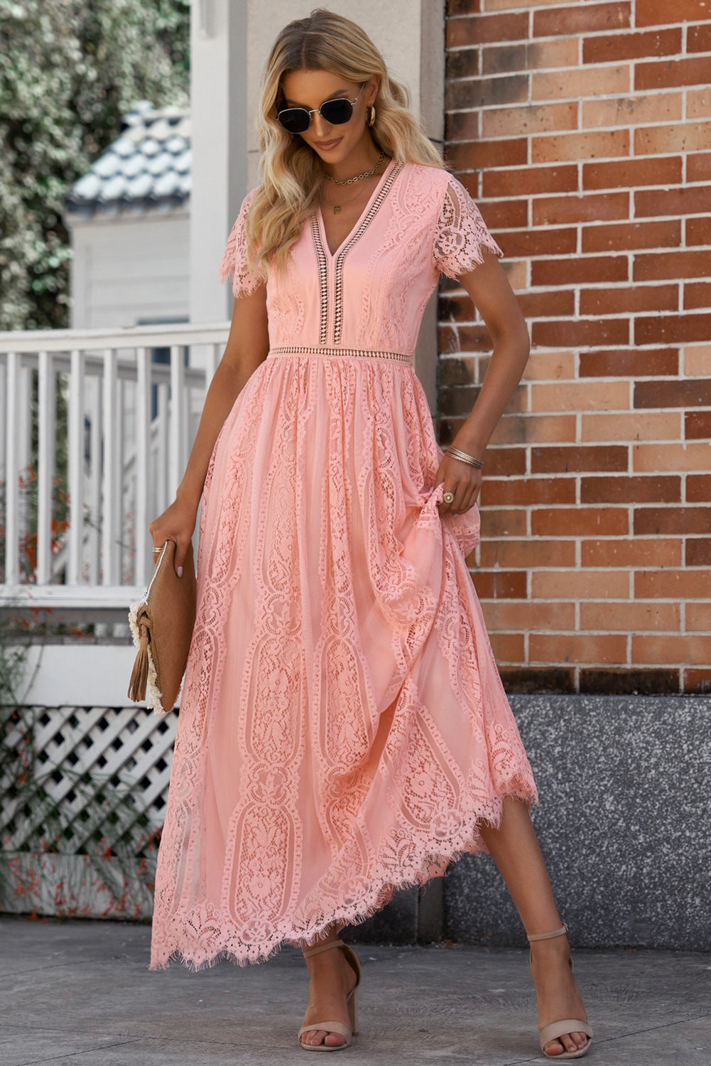 Women's Full Size Scalloped Trim Lace Plunge Dress