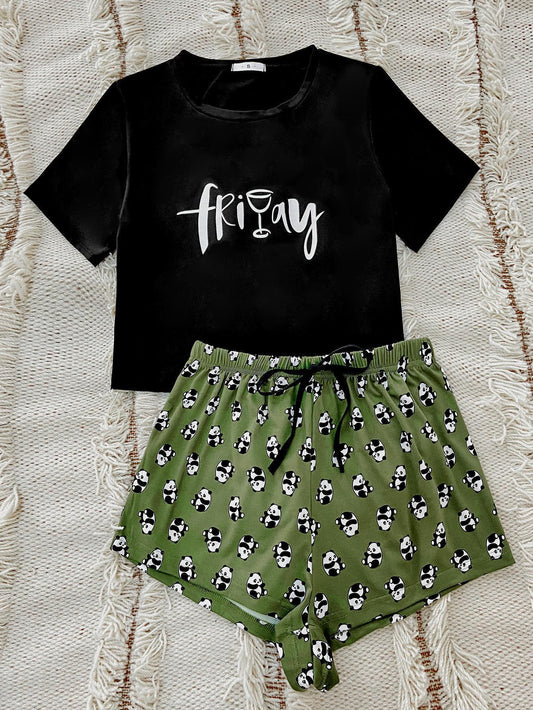 Women's Graphic Tee and Panda Print Shorts Lounge Set