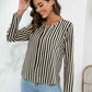 Striped Long Sleeve Notched Blouse