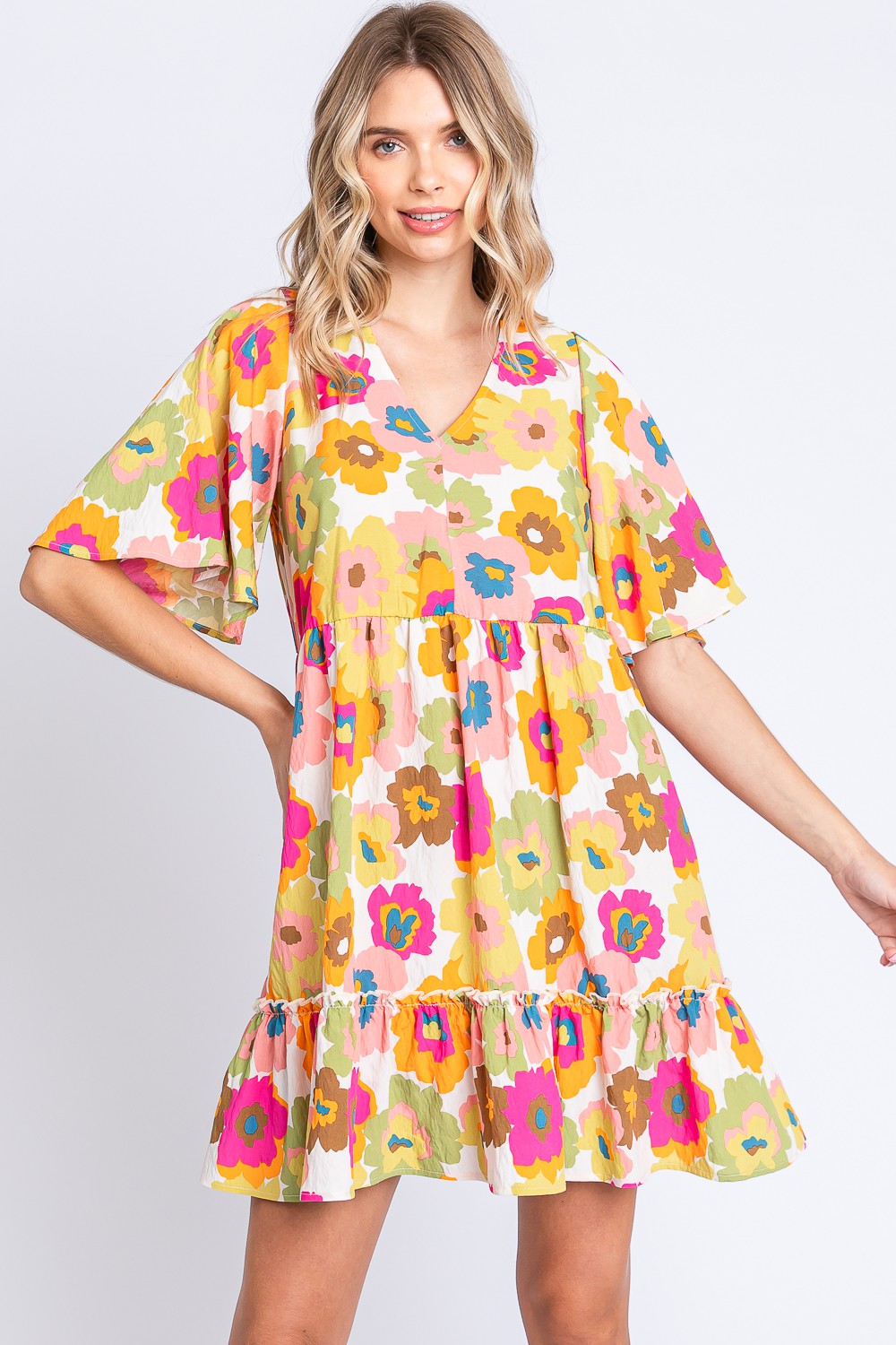 GeeGee Full Size Floral V-Neck Ruffle Trim Mini Dress *