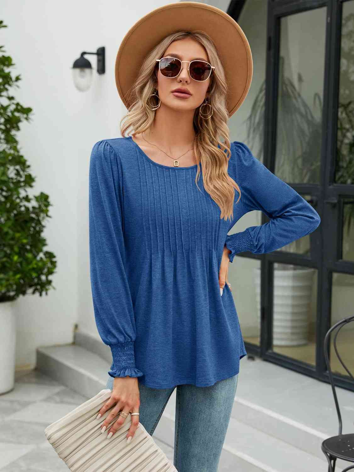 Aurora Lea Smocked Round Neck Lantern Sleeve Blouse