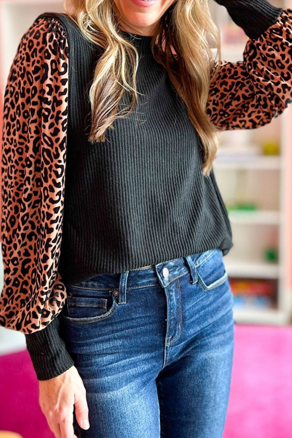 Leopard Print Sleeve Round Neck Blouse